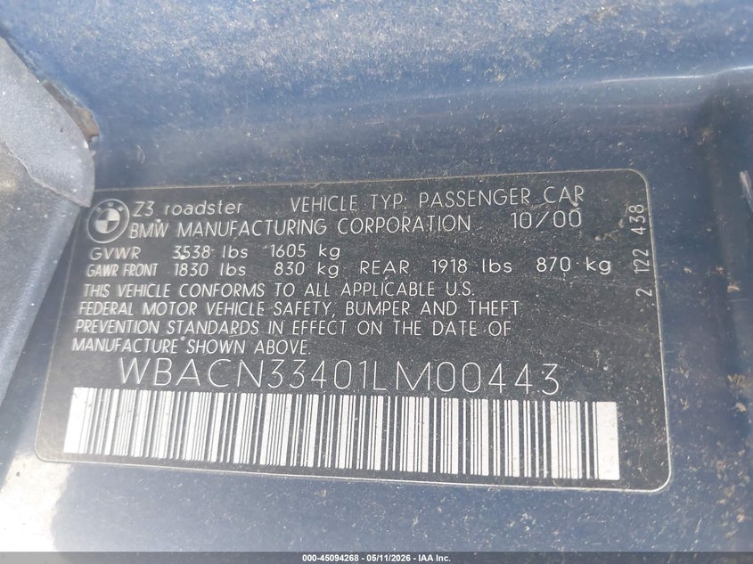 2001 BMW Z3 VIN WBACN33401LM00443 IAAI salvage auction — NORMAL WEAR, Salvage (Texas), sold $675 on 2026-07-29 (photo 9)