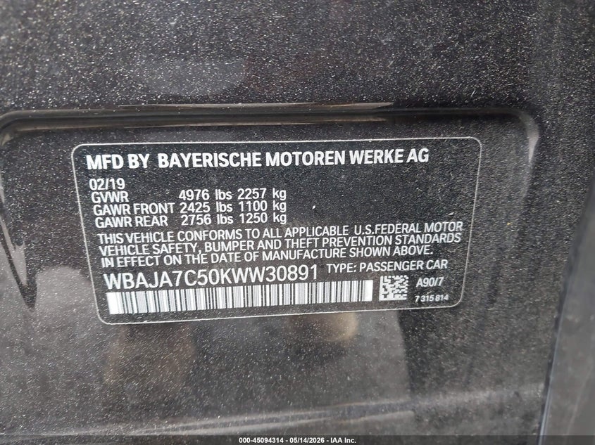 2019 BMW 5er VIN WBAJA7C50KWW30891 IAAI salvage auction — FRONT END, Mv-907A (New York), sold $7,875 on 2026-07-14 (photo 9)