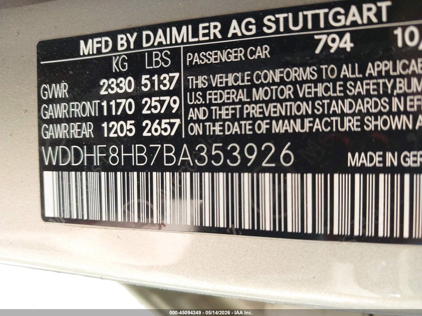 2011 Mercedes-benz E-klasse VIN WDDHF8HB7BA353926 IAAI salvage auction — FRONT END, Salvage (Idaho), sold $25 on 2026-07-27 (photo 9)