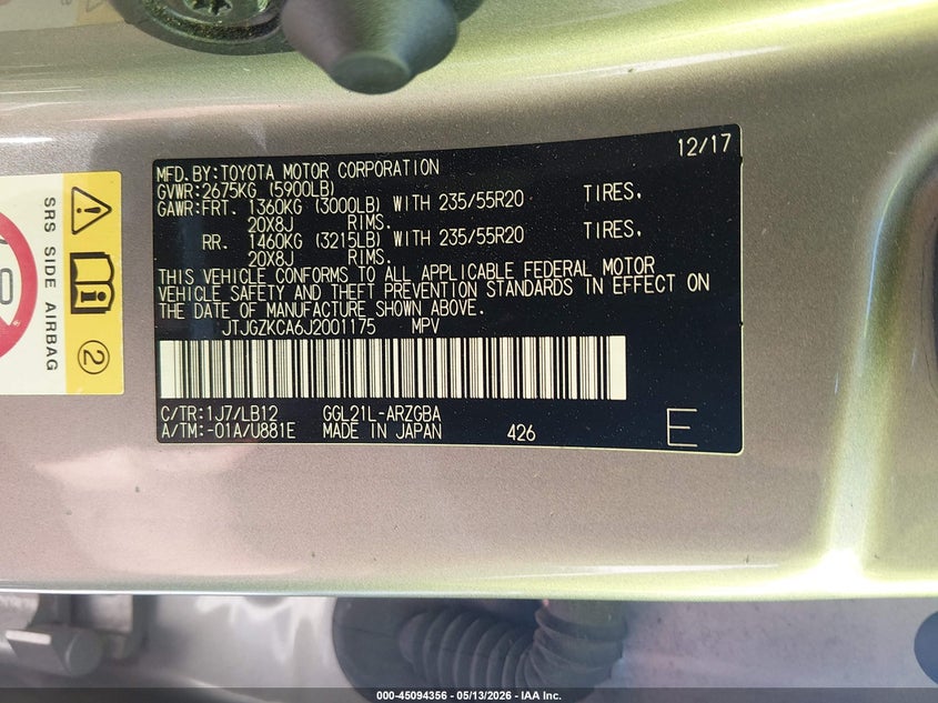 2018 Lexus Rx VIN JTJGZKCA6J2001175 IAAI salvage auction — SIDE, Salvage (Louisiana), sold $10,900 on 2026-07-08 (photo 9)