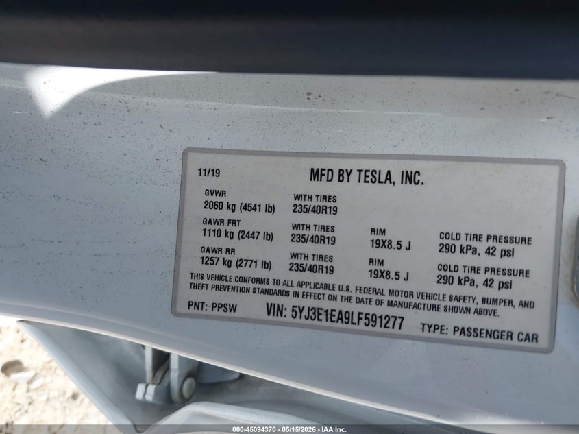 2020 Tesla Model 3 VIN 5YJ3E1EA9LF591277 IAAI salvage auction — REAR END, Salvage (Georgia), sold $6,050 on 2026-07-09 (photo 9)