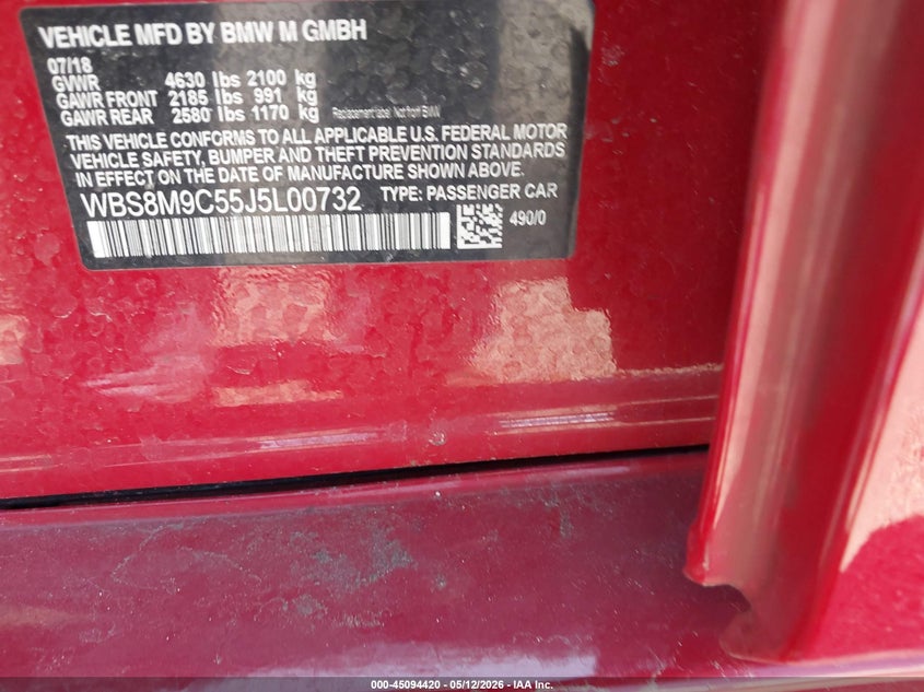 2018 BMW M3 VIN WBS8M9C55J5L00732 IAAI salvage auction — FRONT END, Salvage - 75% Or Less (Maryland), sold $16,100 on 2026-07-30 (photo 9)