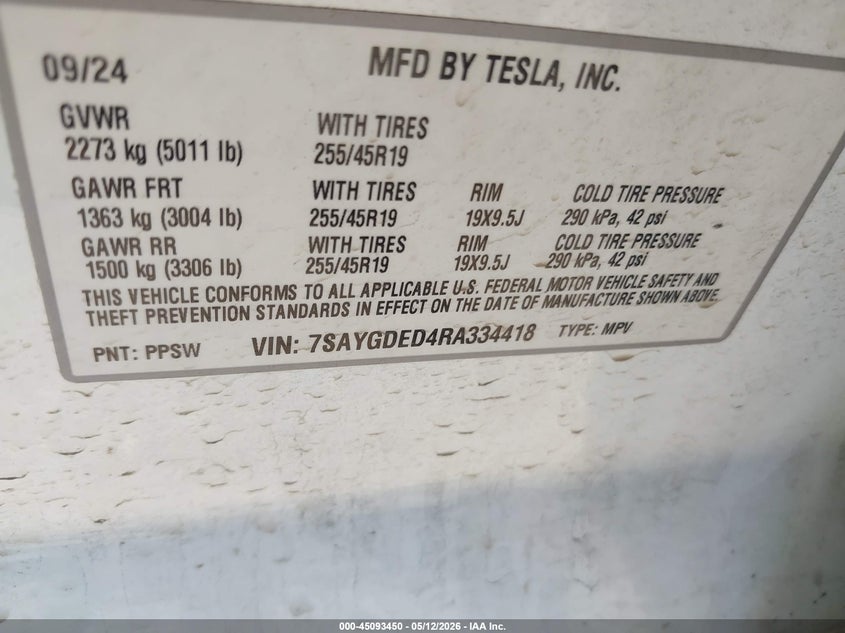 2024 Tesla Model y VIN 7SAYGDED4RA334418 IAAI salvage auction — FRONT END, Original (Texas), sold $9,000 on 2026-07-09 (photo 9)