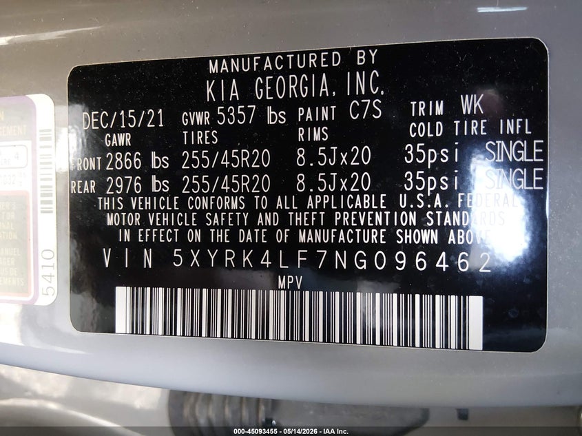 2022 Kia Sorento VIN 5XYRK4LF7NG096462 IAAI salvage auction — FRONT END, Salvage (Ohio), sold $7,050 on 2026-07-29 (photo 9)