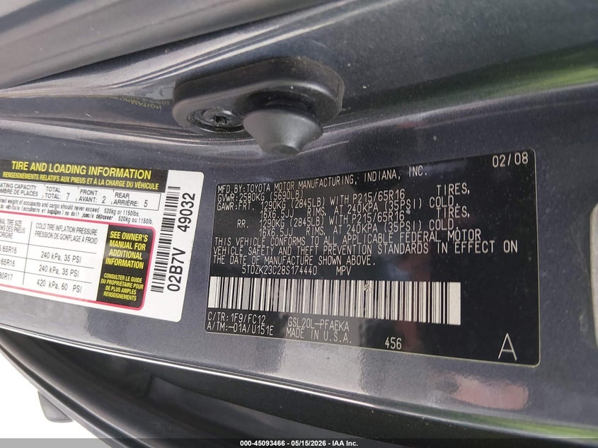 2008 Toyota Sienna VIN 5TDZK23C28S174440 IAAI salvage auction — NORMAL WEAR, Original (Kentucky), sold $575 on 2026-07-06 (photo 9)