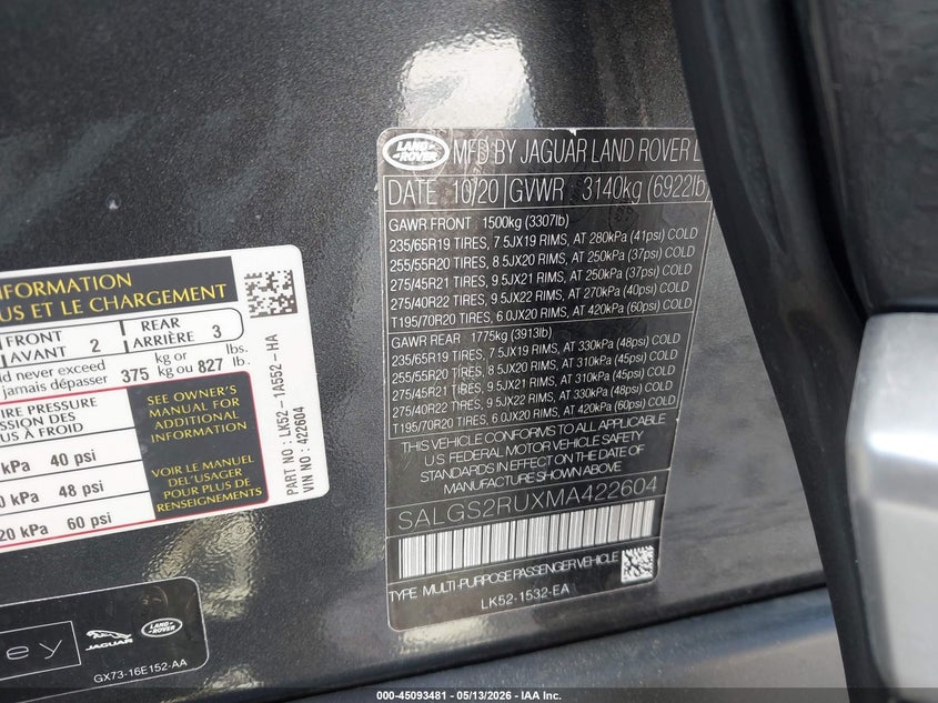2021 Land rover RANGE ROVER VIN SALGS2RUXMA422604 IAAI salvage auction — REAR END, Salvage (Ohio), sold $27,650 on 2026-07-08 (photo 9)
