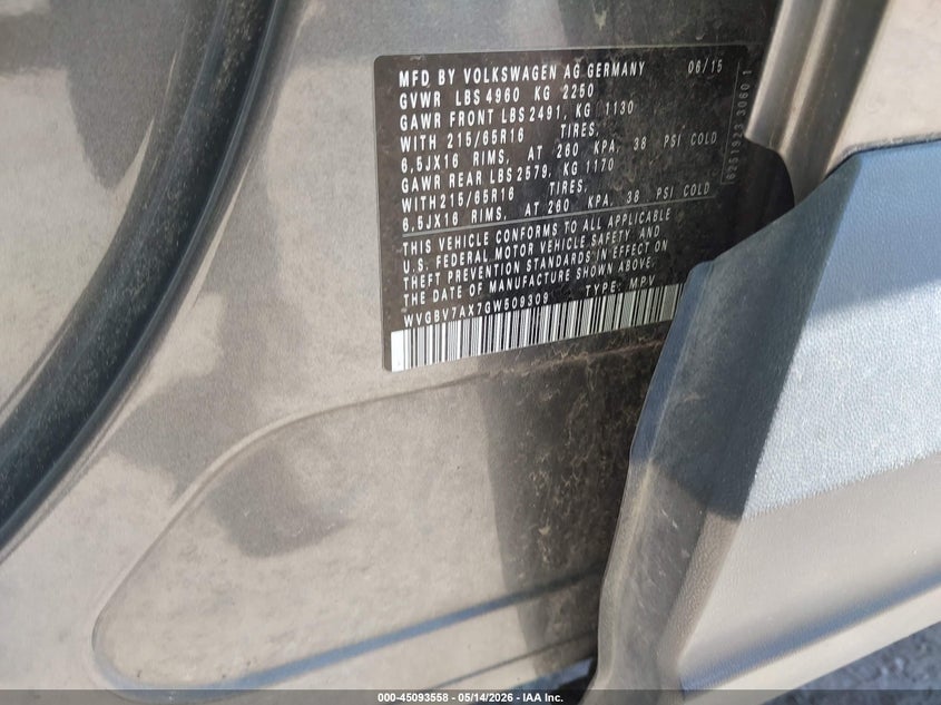 2016 Volkswagen Tiguan VIN WVGBV7AX7GW509309 IAAI salvage auction — HAIL, Salvage (Iowa), sold $1,050 on 2026-07-13 (photo 9)
