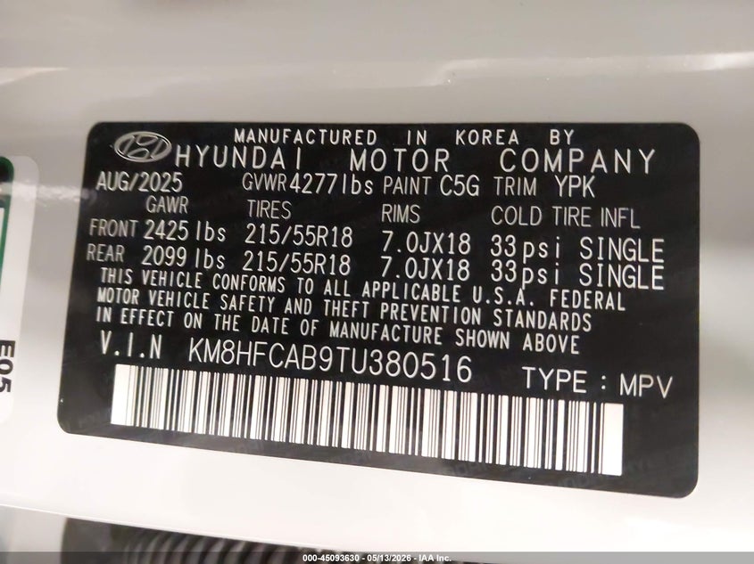 2026 Hyundai Kona VIN KM8HFCAB9TU380516 IAAI salvage auction — ROLLOVER, Mv-907A (New York), sold $550 on 2026-07-14 (photo 9)