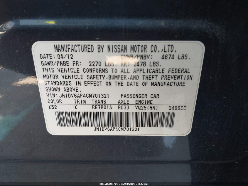 2012 Infiniti G VIN JN1DV6AP4CM701321 IAAI salvage auction — FRONT END, Salvage (Texas), sold $275 on 2026-07-07 (photo 9)