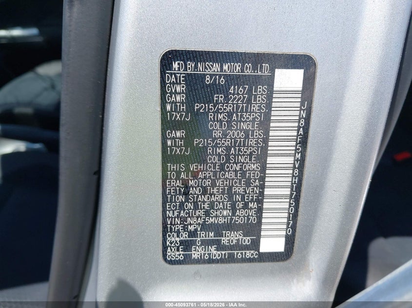 2017 Nissan Juke VIN JN8AF5MV8HT750170 IAAI salvage auction — RIGHT SIDE, Salvage (Virginia), sold $700 on 2026-07-31 (photo 9)