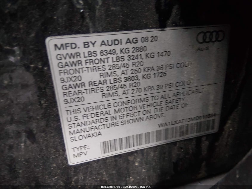 2021 Audi Q7 VIN WA1LXAF73MD010534 IAAI salvage auction — RIGHT FRONT, Salvage (Idaho), sold $12,600 on 2026-07-30 (photo 9)