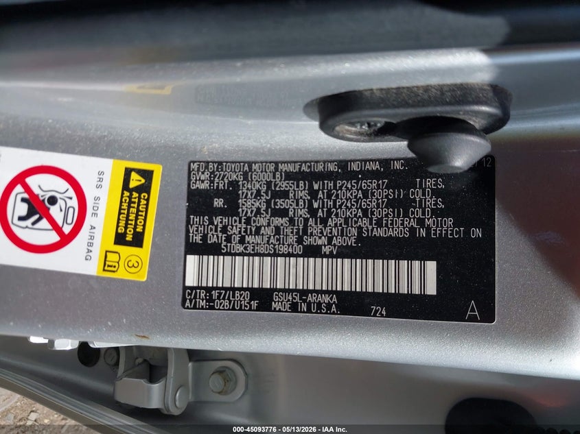 2013 Toyota Highlander VIN 5TDBK3EH8DS198400 IAAI salvage auction — FRONT & REAR, Clear (Indiana), sold $2,650 on 2026-07-15 (photo 9)