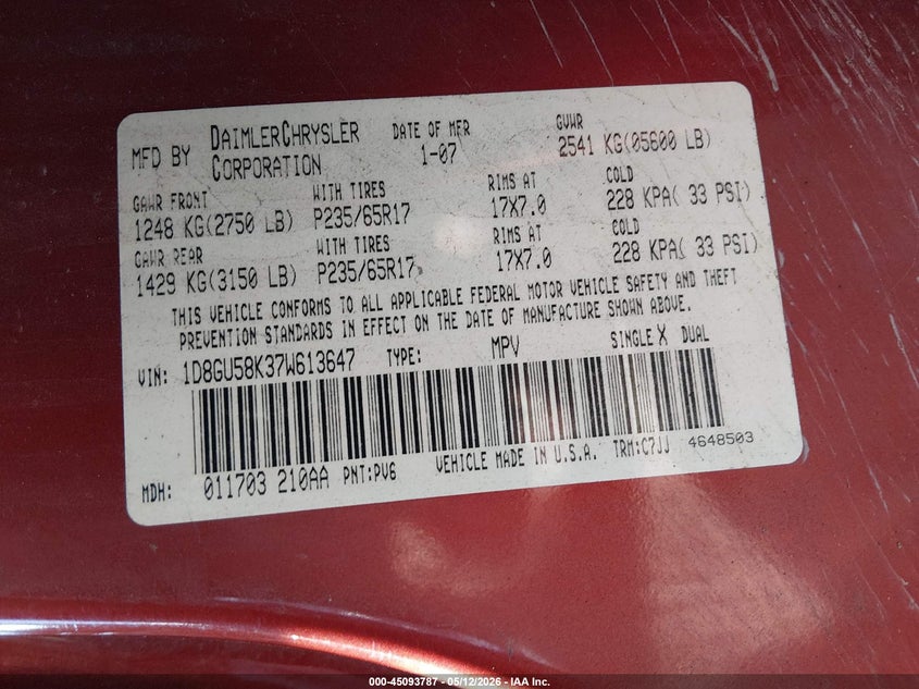 2007 Dodge Nitro VIN 1D8GU58K37W613647 IAAI salvage auction — RIGHT REAR, Salvage (West Virginia), sold $225 on 2026-07-09 (photo 9)