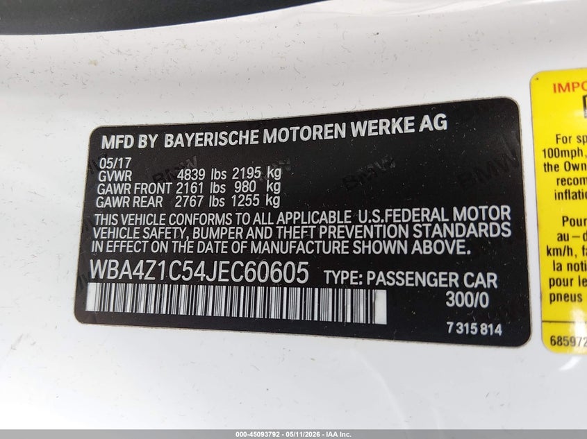 2018 BMW 4er VIN WBA4Z1C54JEC60605 IAAI salvage auction — FRONT & REAR, Salvage (New Jersey), sold $5,700 on 2026-07-21 (photo 9)