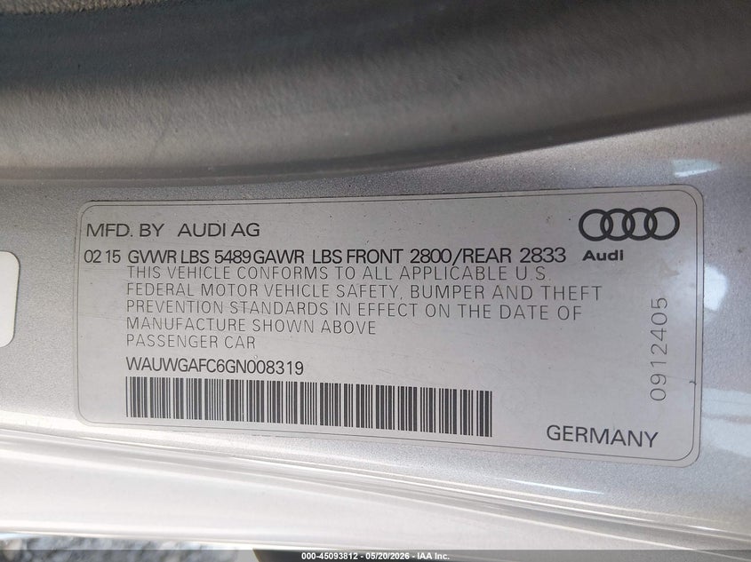2016 Audi A7 VIN WAUWGAFC6GN008319 IAAI salvage auction — REAR END, Clear (Massachusetts), sold $3,550 on 2026-07-07 (photo 9)