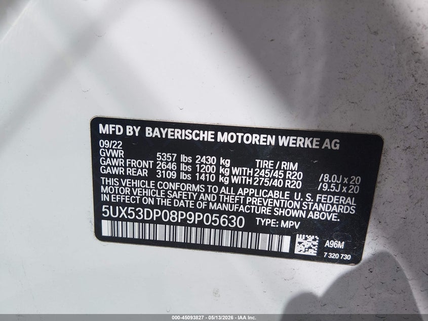 2023 BMW X3 VIN 5UX53DP08P9P05630 IAAI salvage auction — FRONT END, Salvage (Texas), sold $4,550 on 2026-07-28 (photo 9)