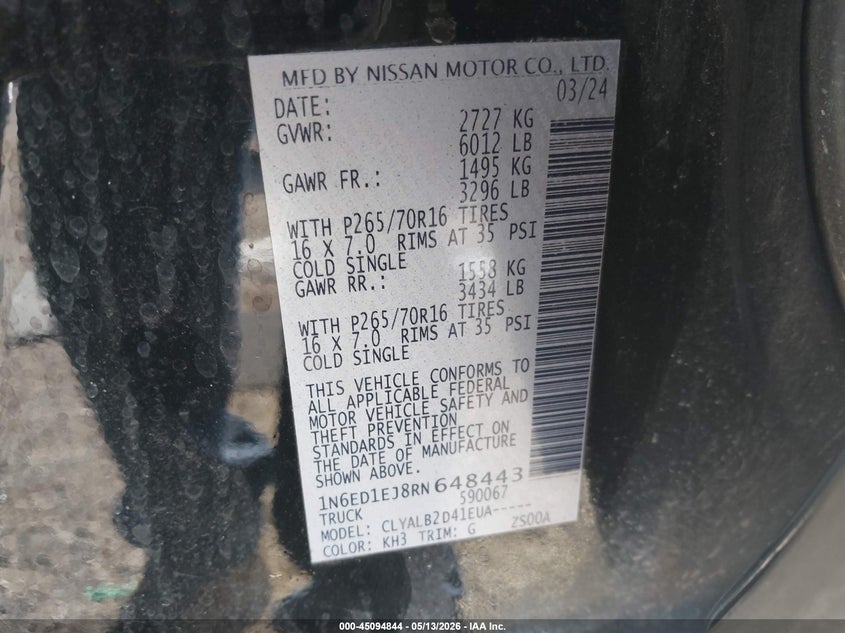 2024 Nissan Navara (frontier) VIN 1N6ED1EJ8RN648443 IAAI salvage auction — RIGHT SIDE, Original (Texas), sold $9,525 on 2026-08-18 (photo 9)