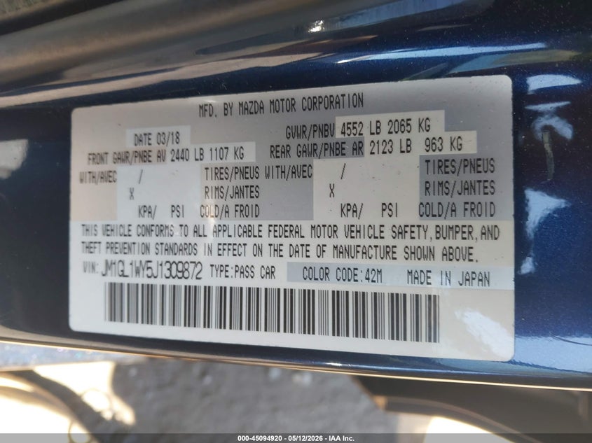 2018 Mazda 6 VIN JM1GL1WY5J1309872 IAAI salvage auction — FRONT END, Mv-907A (New York), sold $675 on 2026-07-14 (photo 9)