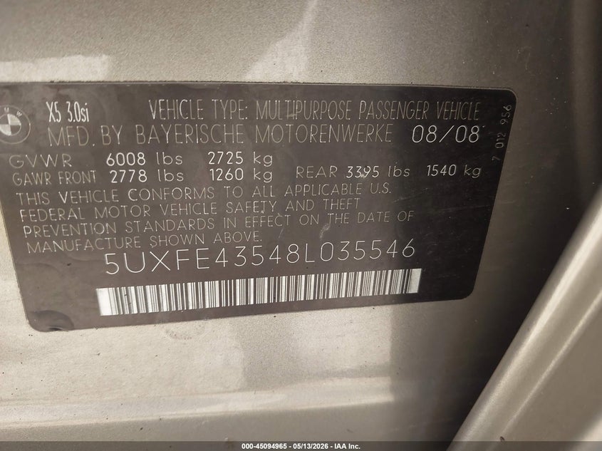 2008 BMW X5 VIN 5UXFE43548L035546 IAAI salvage auction — REAR END, Prior Salvage (Minnesota), sold $700 on 2026-07-15 (photo 9)