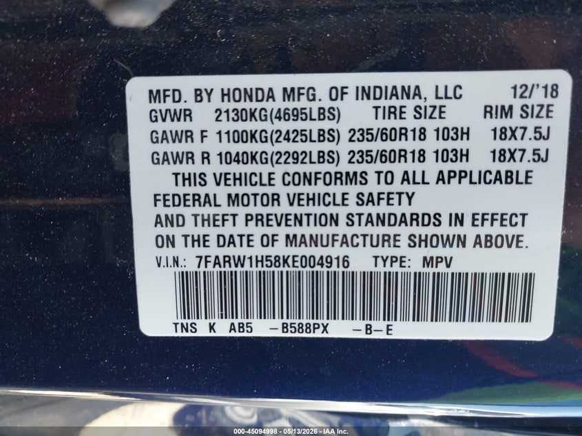 2019 Honda Cr-v VIN 7FARW1H58KE004916 IAAI salvage auction — LEFT SIDE, Salvage (Texas), sold $5,050 on 2026-07-07 (photo 9)