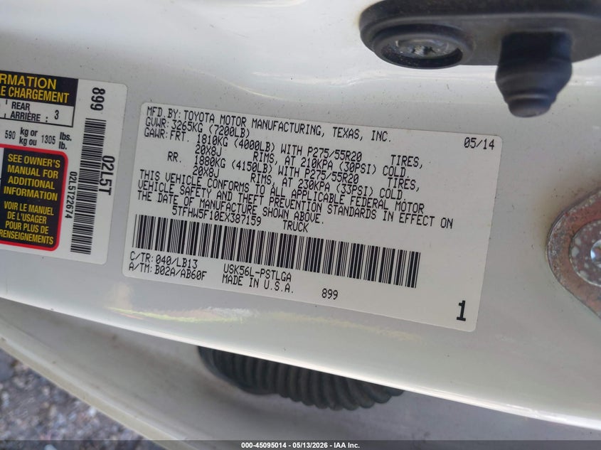 2014 Toyota Tundra VIN 5TFHW5F10EX387159 IAAI salvage auction — LEFT FRONT, Salvage (Alabama), sold $8,200 on 2026-07-28 (photo 9)