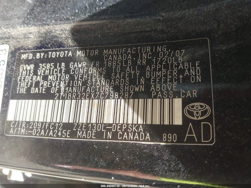 2007 Toyota Corolla VIN 2T1BR32EX7C798287 IAAI salvage auction — FRONT END, Clear (Tennessee), sold $725 on 2026-07-25 (photo 9)