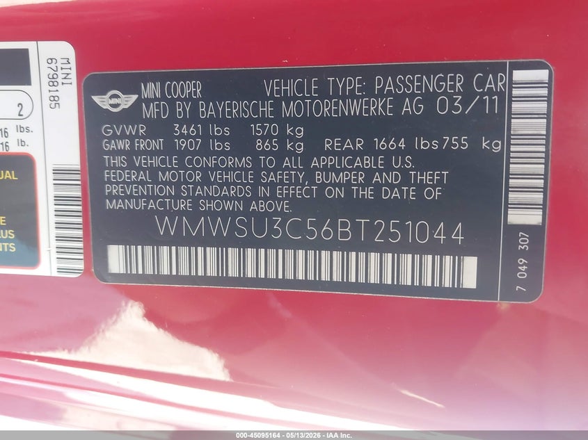 2011 Mini Cooper VIN WMWSU3C56BT251044 IAAI salvage auction — REAR END, Original (Texas), sold $1,650 on 2026-07-08 (photo 9)