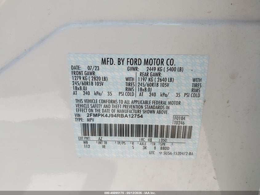 2024 Ford Edge VIN 2FMPK4J94RBA12754 IAAI salvage auction — FRONT END, Salvage (Michigan), sold $8,200 on 2026-07-16 (photo 9)