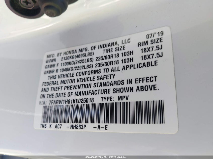 2019 Honda Cr-v VIN 7FARW1H81KE025018 IAAI salvage auction — FRONT END, Rebuilt (Oklahoma), sold $6,100 on 2026-07-15 (photo 9)