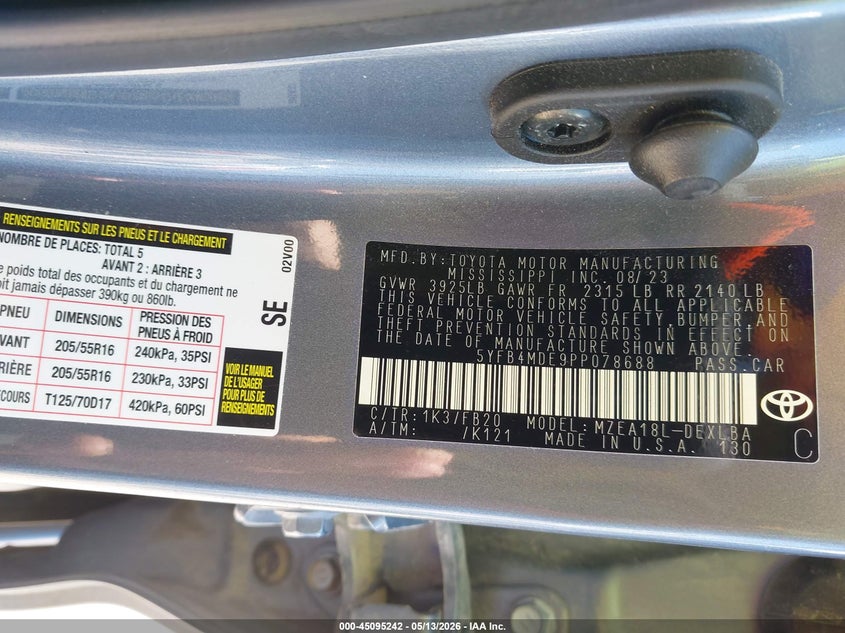 2023 Toyota Corolla VIN 5YFB4MDE9PP078688 IAAI salvage auction — REAR END, Original (Texas), sold $8,900 on 2026-07-23 (photo 9)
