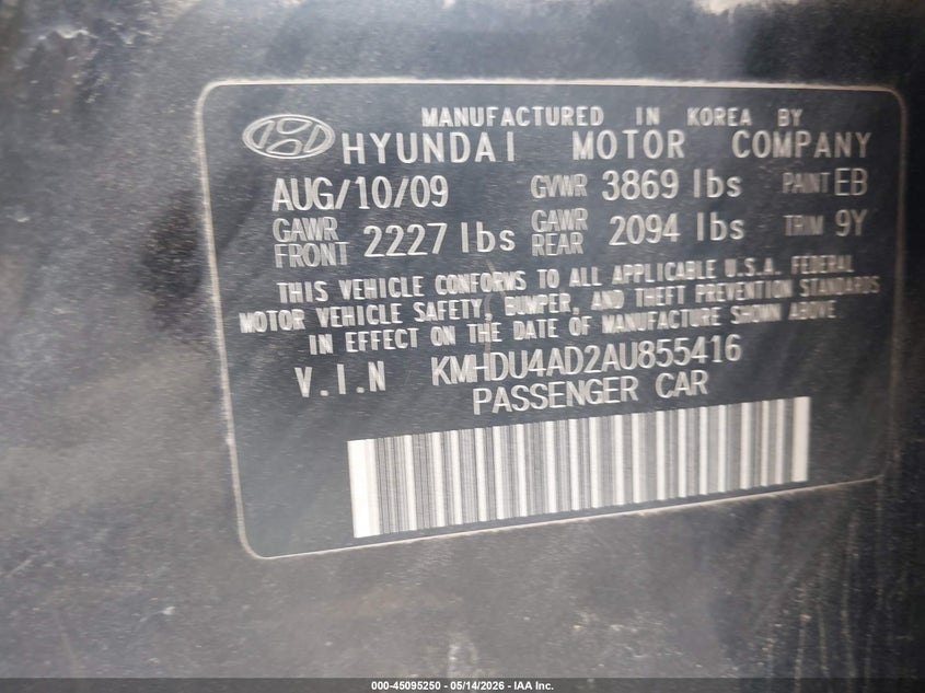 2010 Hyundai Elantra VIN KMHDU4AD2AU855416 IAAI salvage auction — RIGHT FRONT, Salvage (Kansas), sold $500 on 2026-07-08 (photo 9)