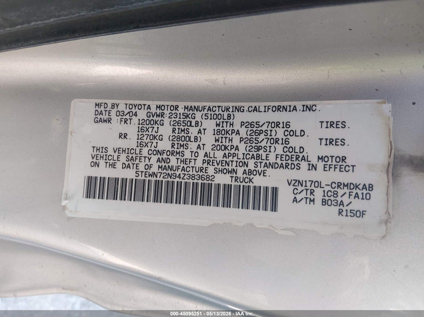 2004 Toyota Tacoma VIN 5TEWN72N94Z383682 IAAI salvage auction — ROLLOVER, Clear (Montana), sold $2,250 on 2026-07-12 (photo 9)