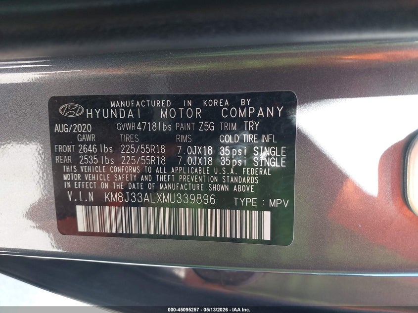 2021 Hyundai Tucson VIN KM8J33ALXMU339896 IAAI salvage auction — REAR END, Salvage Title, sold $7,450 on 2026-07-30 (photo 9)