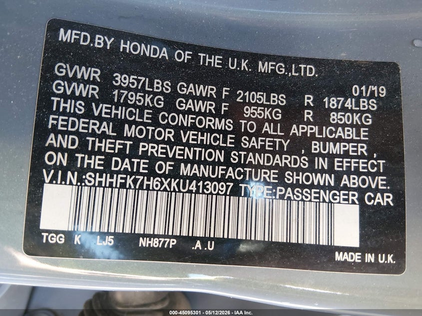 2019 Honda Civic VIN SHHFK7H6XKU413097 IAAI salvage auction — LEFT SIDE, Salvage (West Virginia), sold $6,950 on 2026-07-09 (photo 9)
