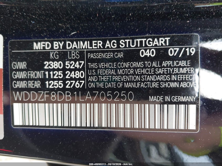 2020 Mercedes-benz E-klasse VIN WDDZF8DB1LA705250 IAAI salvage auction — WATER/FLOOD, Salvage (Texas), sold $8,175 on 2026-07-16 (photo 9)