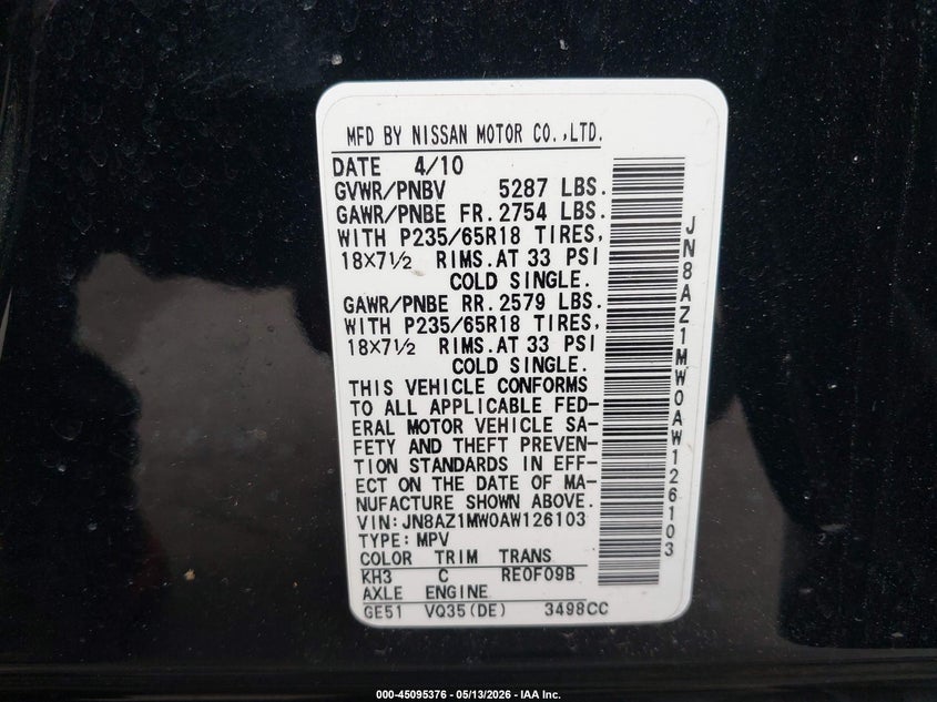 2010 Nissan Murano VIN JN8AZ1MW0AW126103 IAAI salvage auction — REAR END, Mv-907A (New York), sold $900 on 2026-07-07 (photo 9)