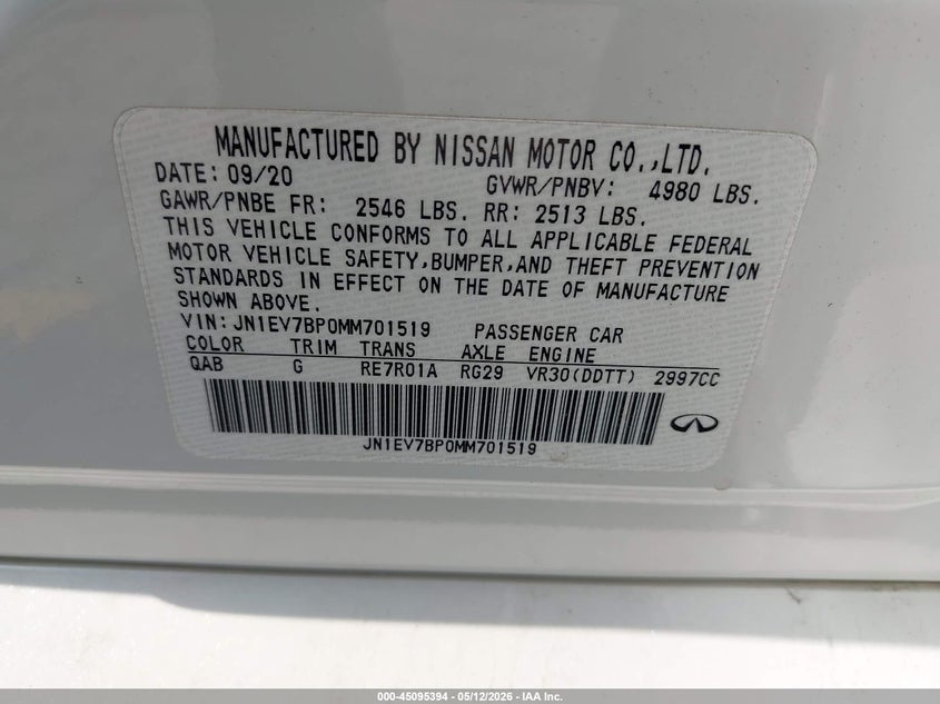 2021 Infiniti Q50 VIN JN1EV7BP0MM701519 IAAI salvage auction — LEFT FRONT, Salvage (California), sold $3,925 on 2026-07-28 (photo 9)