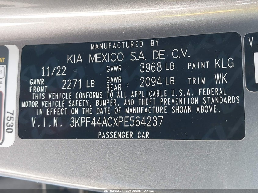 2023 Kia Forte VIN 3KPF44ACXPE564237 IAAI salvage auction — HAIL, Original (Texas), sold $9,175 on 2026-07-08 (photo 9)