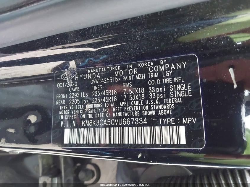 2021 Hyundai Kona VIN KM8K3CA50MU667334 IAAI salvage auction — BIOHAZARD/CHEMICAL, Salvage (Georgia), sold $1,250 on 2026-07-24 (photo 9)