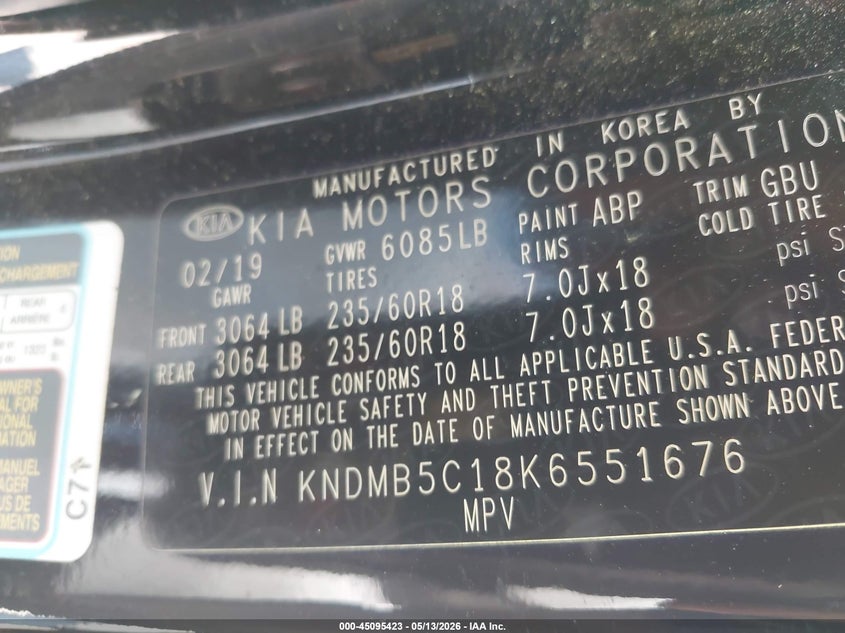 2019 Kia SEDONA VIN KNDMB5C18K6551676 IAAI salvage auction — FRONT END, Original (Texas), sold $2,700 on 2026-07-23 (photo 9)