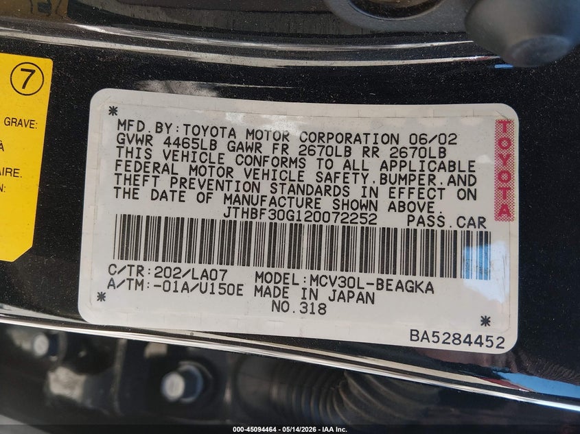2002 Lexus Es 300 VIN JTHBF30G120072252 IAAI salvage auction — NORMAL WEAR, Original (Kentucky), sold $175 on 2026-07-06 (photo 9)