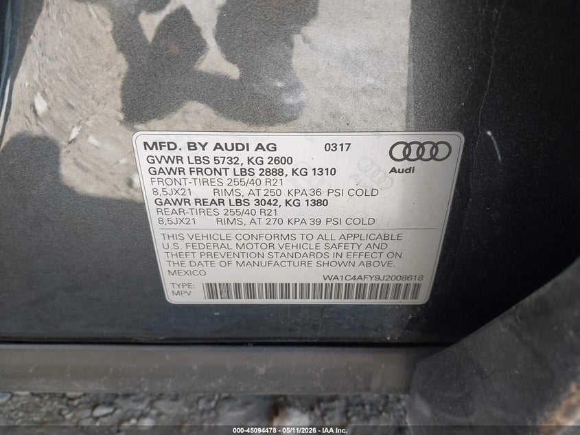 2018 Audi Sq5 VIN WA1C4AFY9J2008618 IAAI salvage auction — LEFT FRONT, Salvage (Illinois), sold $5,300 on 2026-08-22 (photo 9)