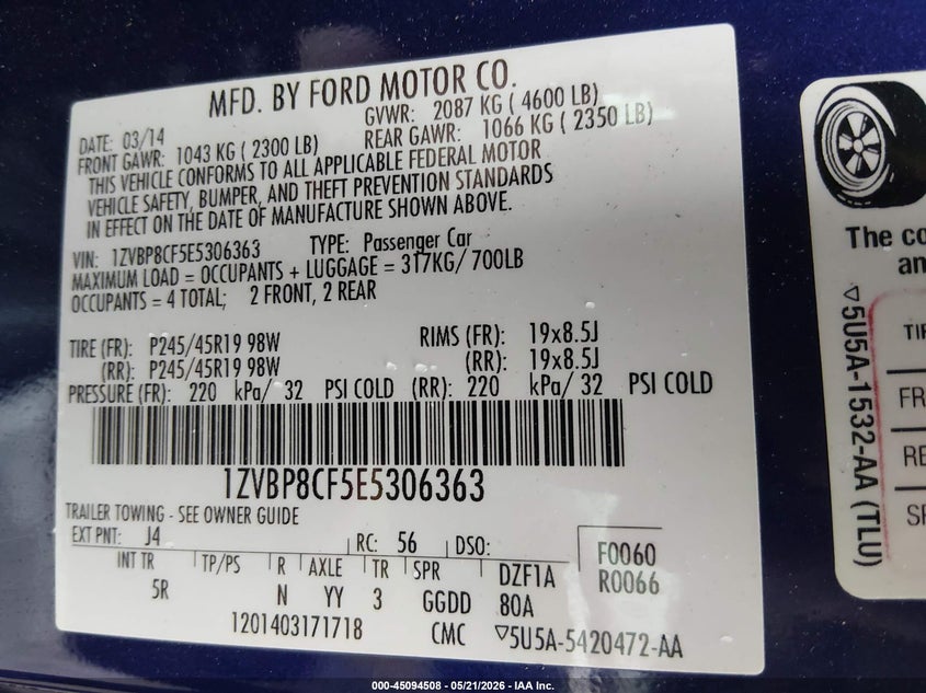 2014 Ford Mustang VIN 1ZVBP8CF5E5306363 IAAI salvage auction — FRONT END, Salvage (West Virginia), sold $7,200 on 2026-07-30 (photo 9)