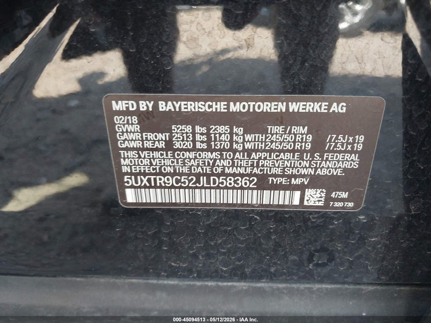2018 BMW X3 VIN 5UXTR9C52JLD58362 IAAI salvage auction — FRONT END, Original (Texas), sold $8,900 on 2026-07-16 (photo 9)
