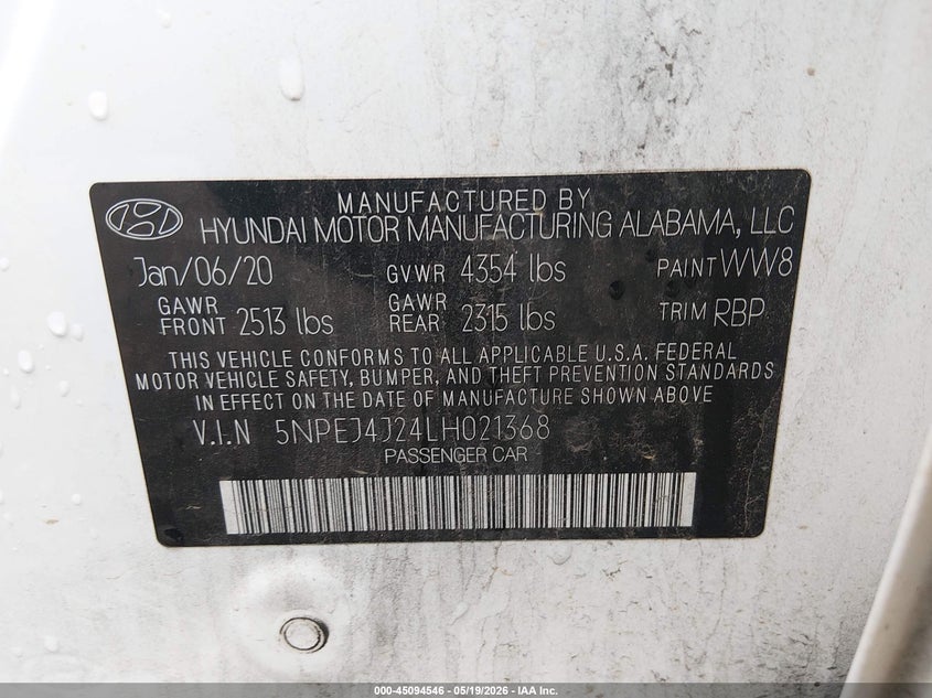 2020 Hyundai Sonata VIN 5NPEJ4J24LH021368 IAAI salvage auction — HAIL, Salvage (Arkansas), sold $5,975 on 2026-07-16 (photo 9)