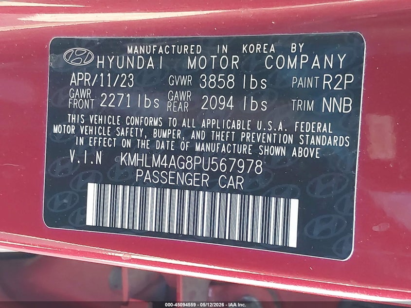 2023 Hyundai Elantra VIN KMHLM4AG8PU567978 IAAI salvage auction — RIGHT FRONT, Salvage (Pennsylvania), sold $1,500 on 2026-07-20 (photo 9)