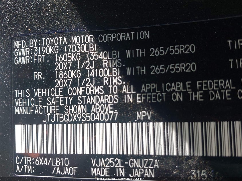 2025 Lexus Gx VIN JTJTBCDX9S5040077 IAAI salvage auction — UNKNOWN, Wait Title, sold $67,575 on 2026-09-14 (photo 9)