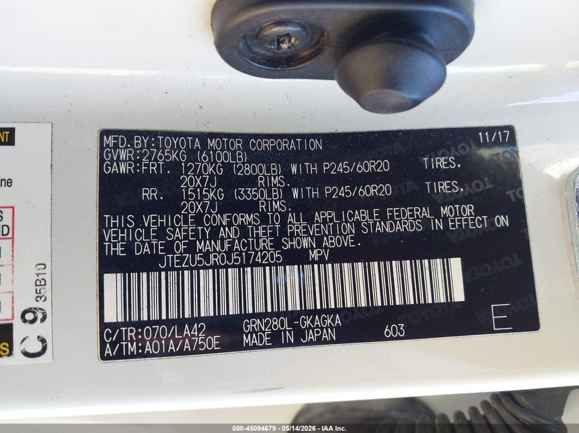 2018 Toyota 4runner VIN JTEZU5JR0J5174205 IAAI salvage auction — FRONT END, Salvage (Georgia), sold $7,100 on 2026-07-24 (photo 9)