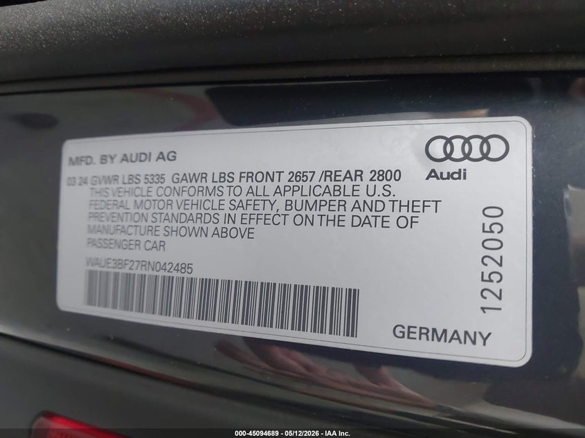 2024 Audi A6 VIN WAUE3BF27RN042485 IAAI salvage auction — LEFT FRONT, Rebuildable (Florida), sold $16,900 on 2026-07-08 (photo 9)