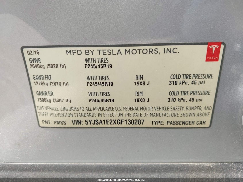 2016 Tesla Model s VIN 5YJSA1E2XGF130207 IAAI salvage auction — FRONT END, Salvage (Illinois), sold $2,100 on 2026-07-08 (photo 9)